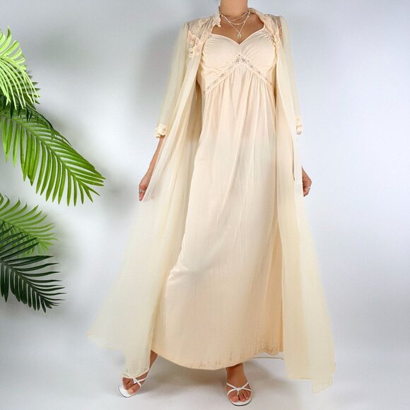 Vintage 60s Cream Lace Cottagecore Nightgown Peignoir Slip Dress & Robe Set / S - Picture 1 of 6
